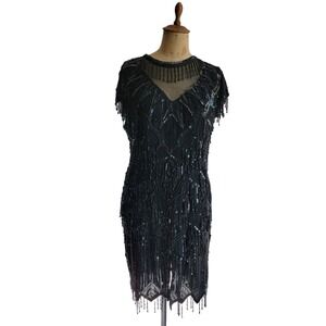 Vintage Lawrence Kazar Art Deco style beaded LBD Cocktail Dress XL